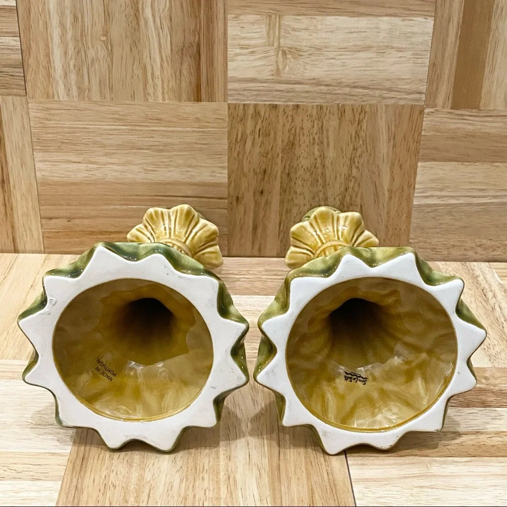 Pair of Sur La Table Portugal Ceramic Glazed Leaf Flower Candle Stick Holder